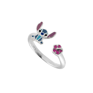 Anello aperto Disney Stitch bambina argento con Stitch e due fiori DS00001SL-CS-1