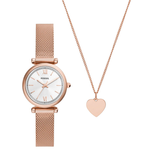 Cofanetto donna Fossil Carlie orologio solo tempo e collana con cuore acciaio rosé