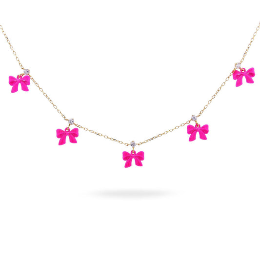 Collana donna Rue Des Mille Candy Bow argento 5 fiocchi fucsia e cristallo