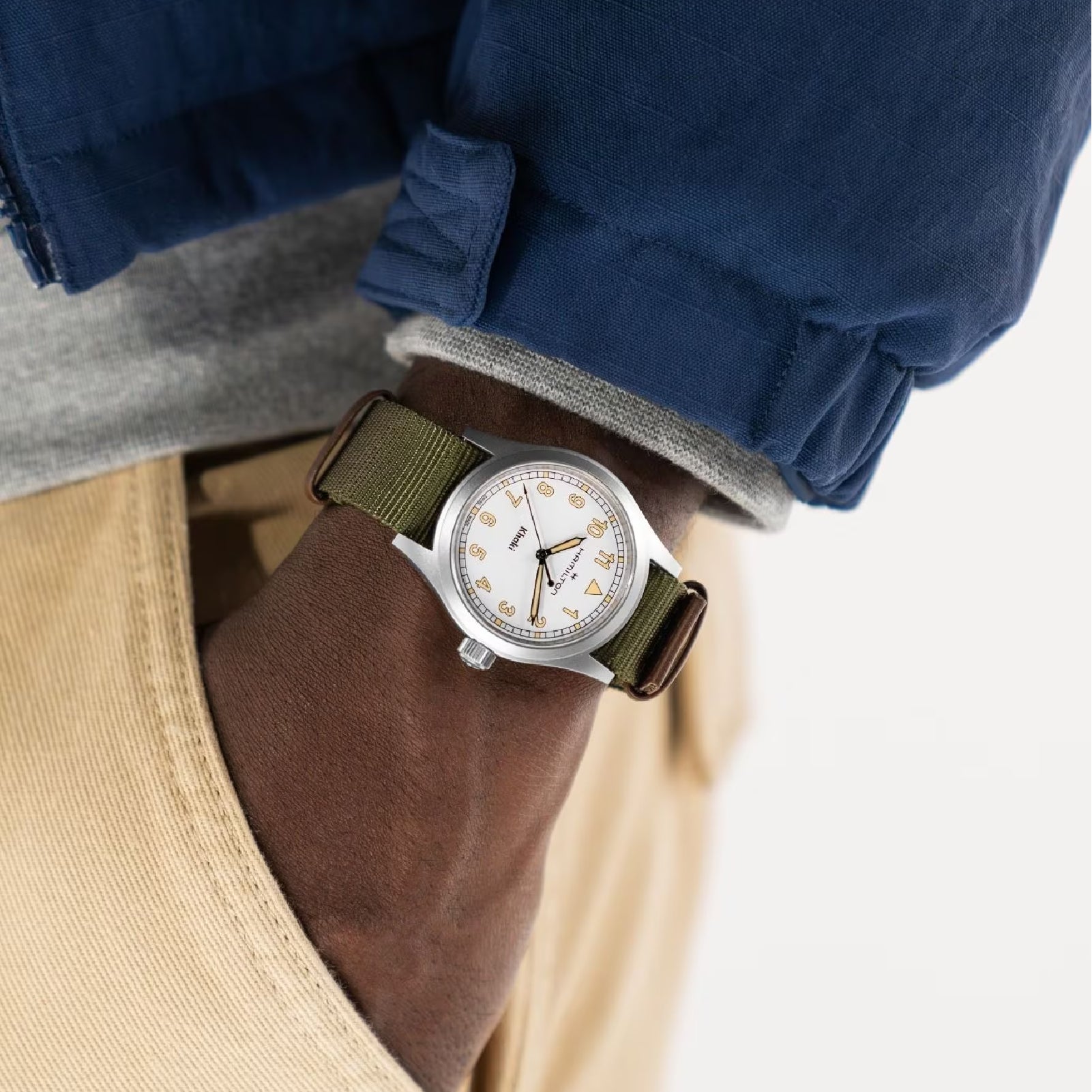 Orologio solo tempo uomo Hamilton in acciaio e tessuto khaki MISURA UNICA