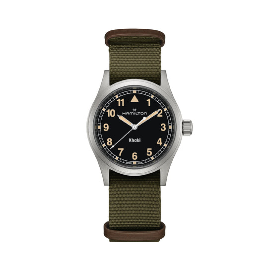 Orologio solo tempo Hamilton in acciaio tessuto khaki e nero