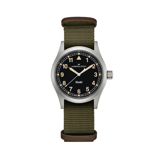 Orologio solo tempo Hamilton in acciaio tessuto khaki e nero