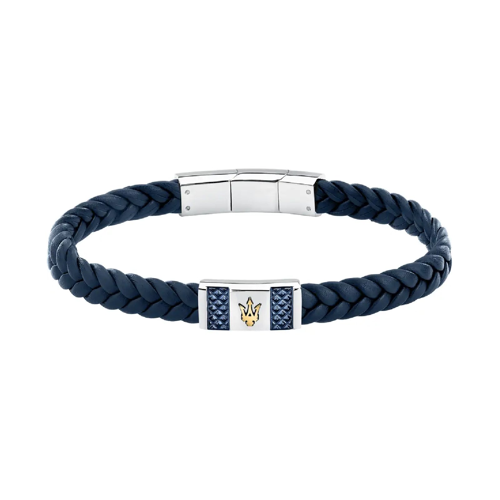 Bracciale Maserati in acciaio e pelle naturale argento e blu Regolabile 19-20 cm