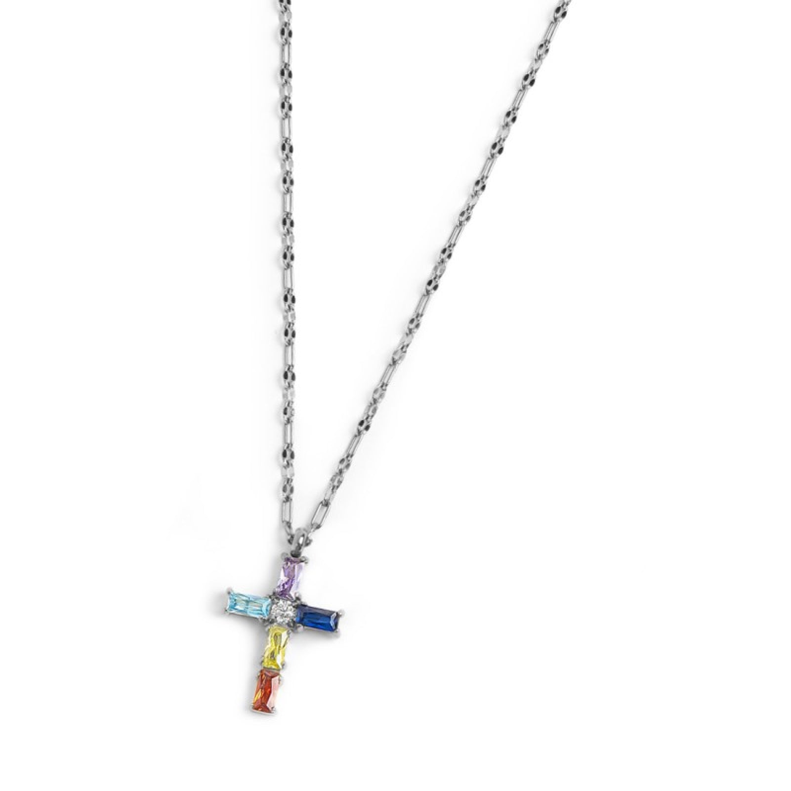 Collana pendente Marlu in acciaio argento e zirconi colorati MISURA UNICA