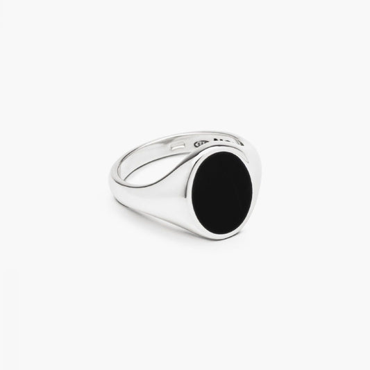 Anello chevalier tondo Nove25 Timeless unisex argento e smalto nero