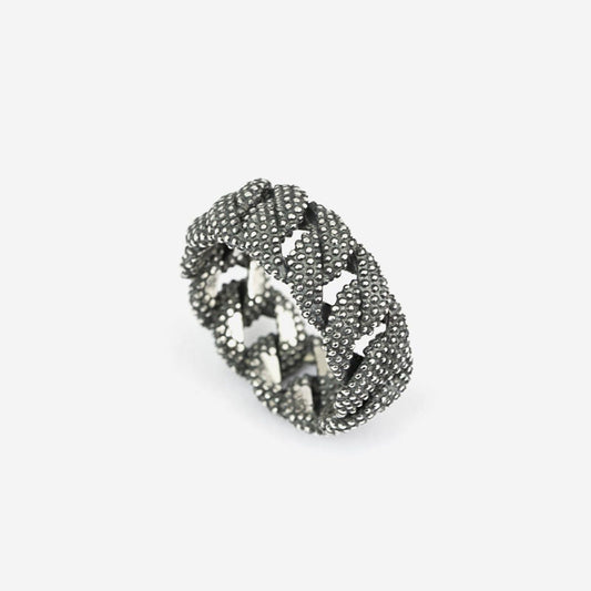 Anello fascia Nove25 Puntinati unisex in argento con catena grumetta e sfere