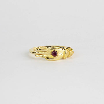 Anello solitario Nove25 Tarot da donna in argento oro con mano e spinello rosso