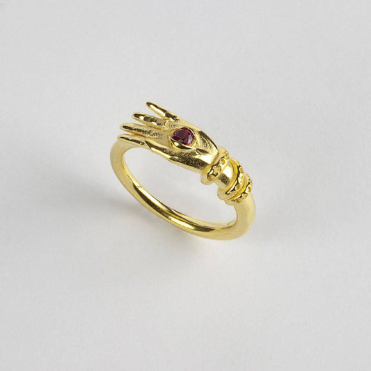 Anello solitario Nove25 Tarot da donna in argento oro con mano e spinello rosso