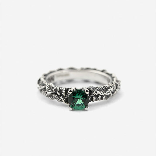 Anello solitario Nove25 Eden unisex in argento, foglie, zircone verde