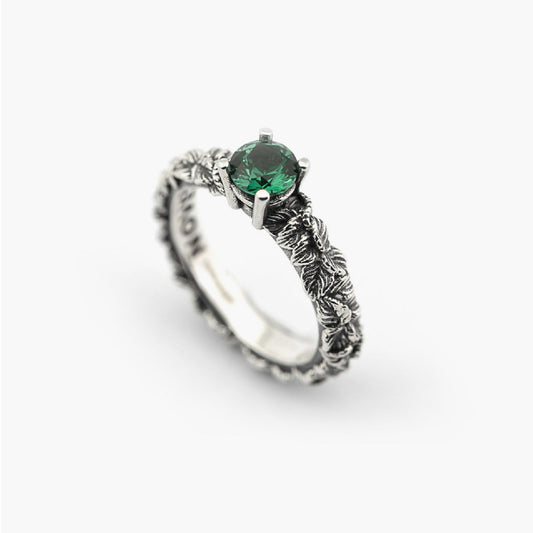 Anello solitario Nove25 Eden unisex in argento, foglie, zircone verde