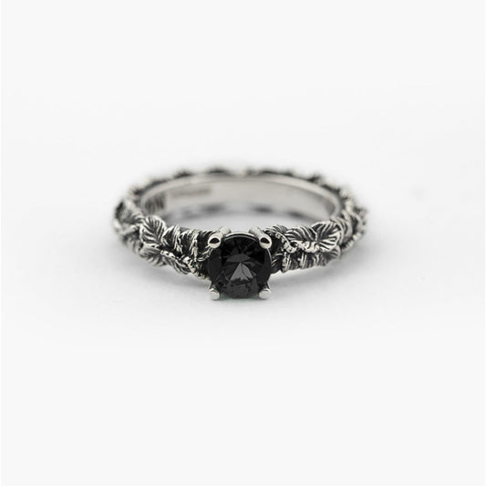 Anello solitario Nove25 Eden unisex in argento, foglie, zircone nero