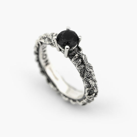 Anello solitario Nove25 Eden unisex in argento, foglie, zircone nero