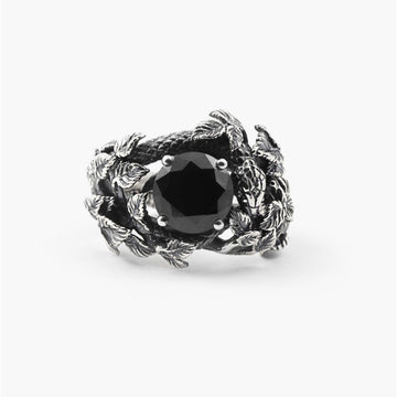 Anello solitario Nove25 Eden unisex in argento, foglie, serpente, zircone nero