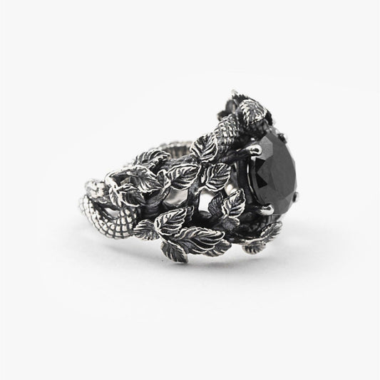 Anello solitario Nove25 Eden unisex in argento, foglie, serpente, zircone nero