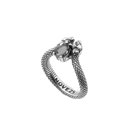 Anello unisex Nove25 Snake in argento con due serpenti e uno zircone nero