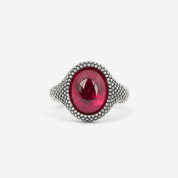 Anello chevalier ovale Nove25 Puntinati unisex argento corindone rosso e sfere