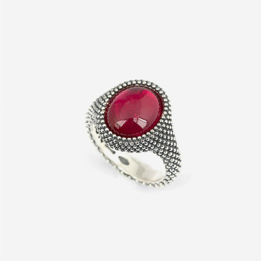 Anello chevalier ovale Nove25 Puntinati unisex argento corindone rosso e sfere