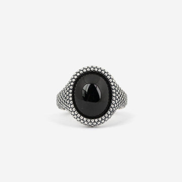 Anello chevalier ovale Nove25 Puntinati unisex argento onice nera e sfere