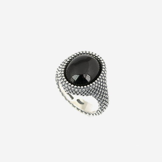 Anello chevalier ovale Nove25 Puntinati unisex argento onice nera e sfere