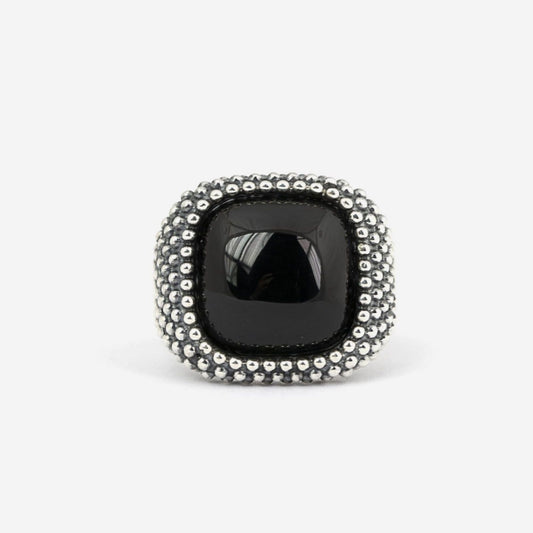 Anello chevalier quadrato Nove25 Puntinati unisex argento agata nera e sfere