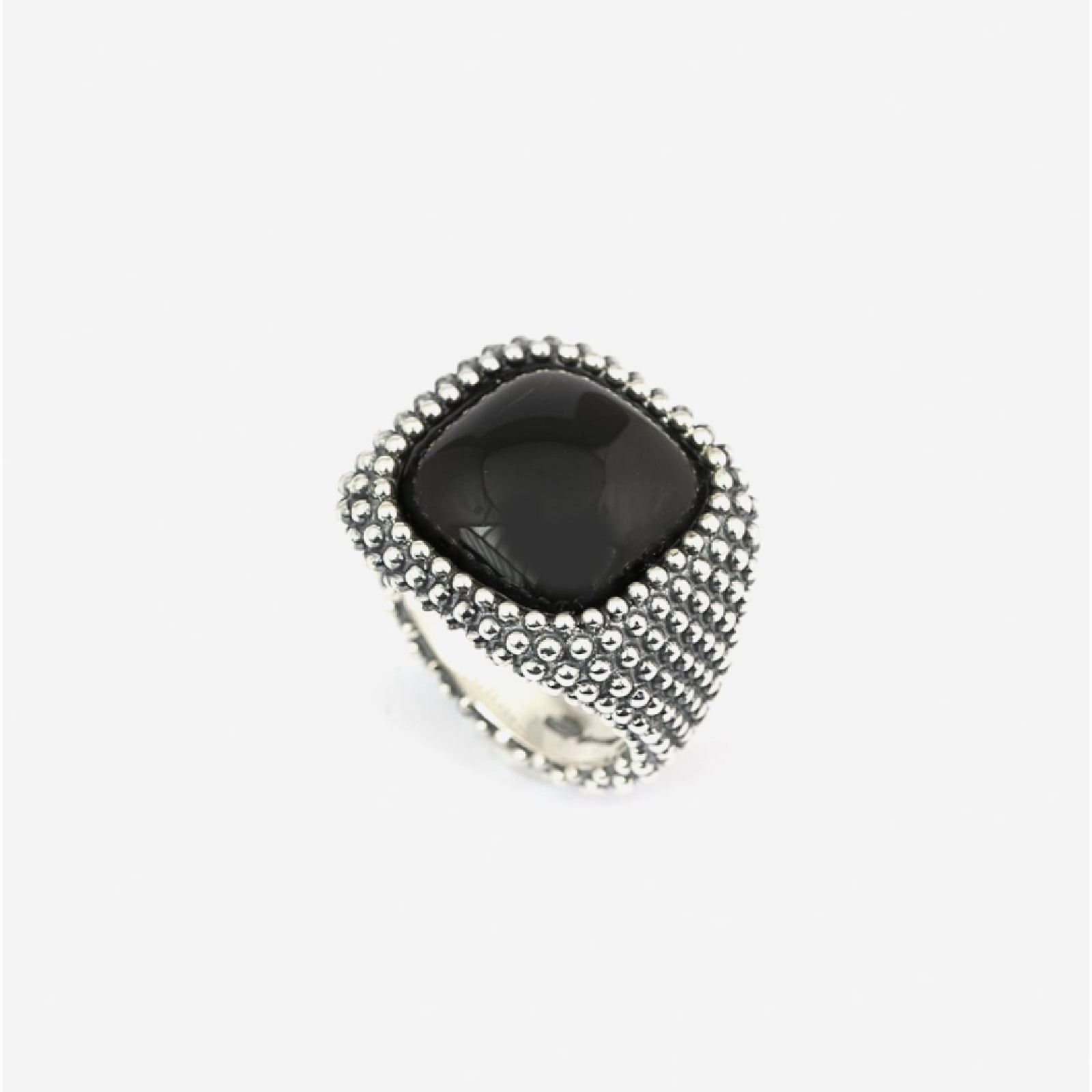 Anello chevalier quadrato Nove25 Puntinati unisex argento agata nera e sfere N25ANEPQ073-2