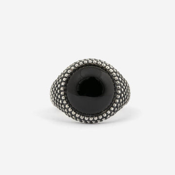 Anello chevalier tondo Nove25 Puntinati unisex argento agata nera e sfere