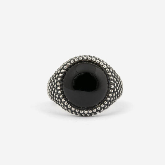 Anello chevalier tondo Nove25 Puntinati unisex argento agata nera e sfere