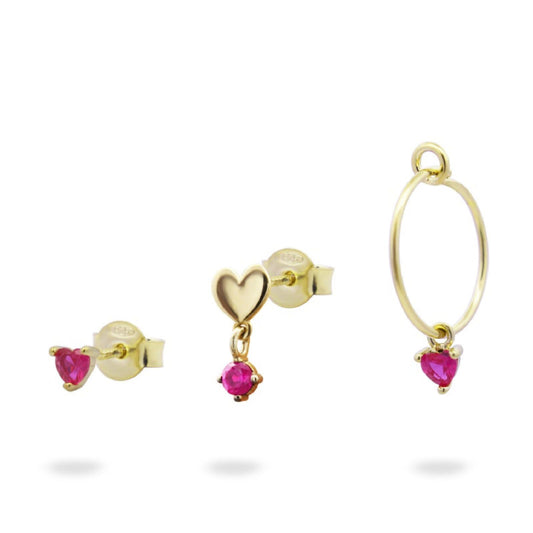 Set orecchini donna Rue Des Mille Shapes in argento oro con cuore e zirconi rossi