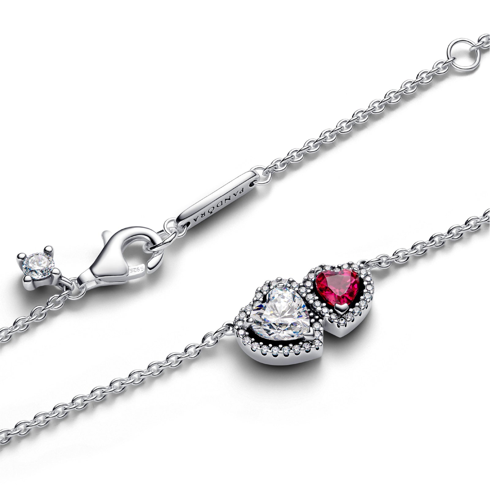 Collana Pandora in argento cuori di zirconi bianco e rosso MISURA UNICA