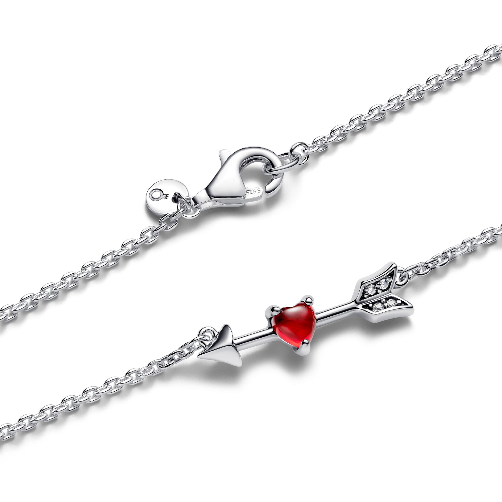 Collana Pandora argento freccia e cuore rosso vetro Murano MISURA UNICA