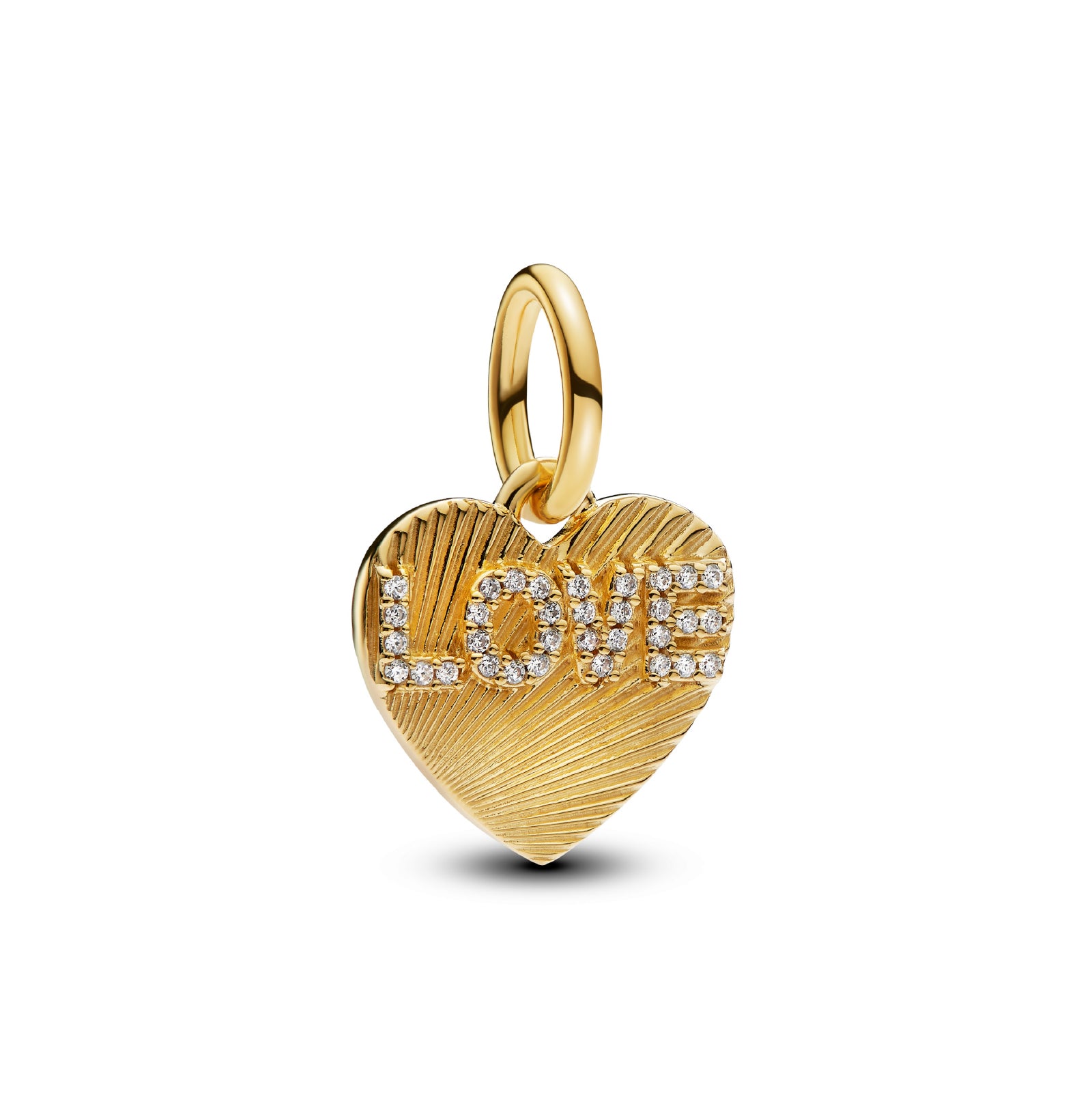 Charm Pandora in argento dorato con cuore e scritta MISURA UNICA