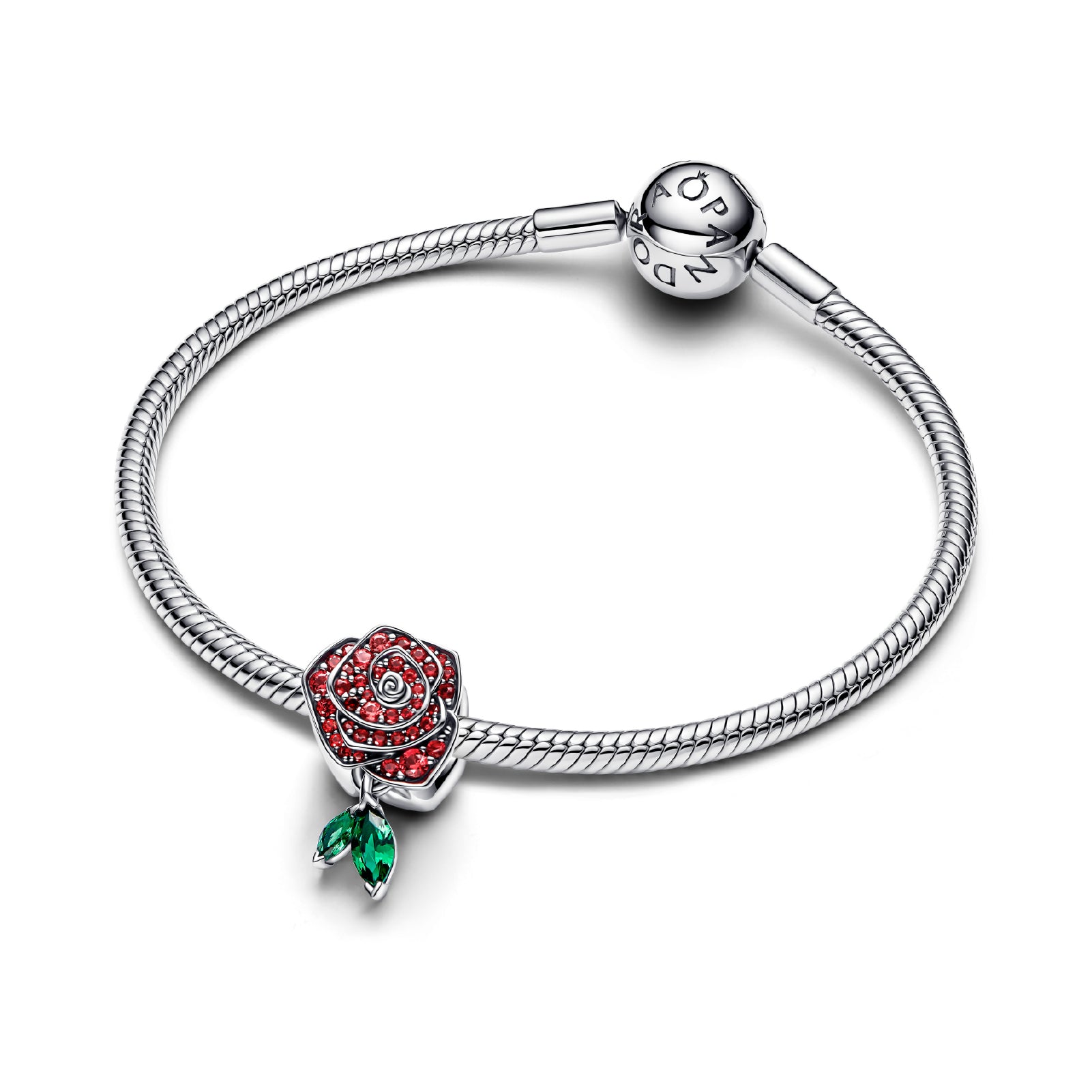 Charm Pandora in argento a rosa con cristalli rossi e verdi MISURA UNICA