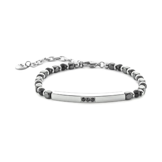 Bracciale Paciotti 4US in acciaio con ematite e zirconi neri Regolabile 18-22 cm