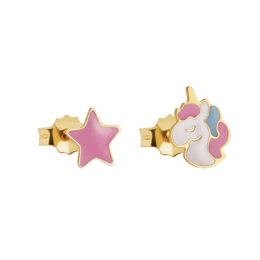 Orecchini bambina leBebé Primegioie in oro con unicorno e stella multicolor