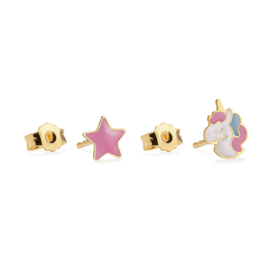 Orecchini bambina leBebé Primegioie in oro con unicorno e stella multicolor