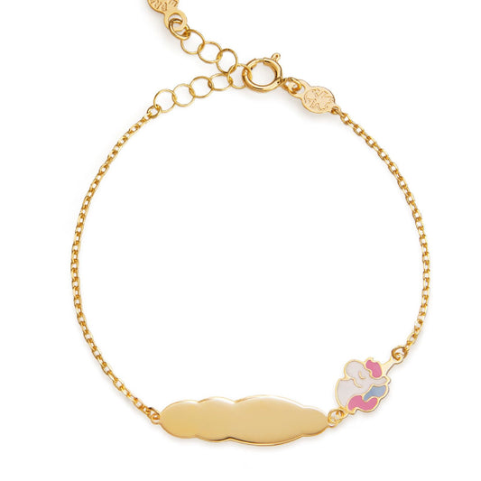 Bracciale bambina leBebé Primegioie in oro con unicorno multicolor e targhetta