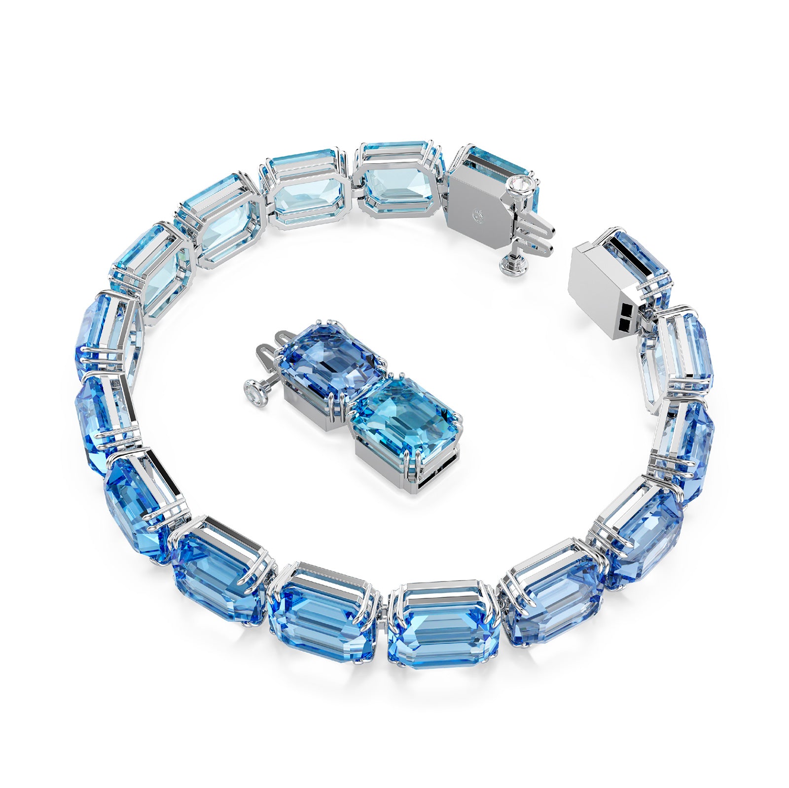 Bracciale tennis Swarovski placcato rodio con cristalli blu Regolabile 17-19 cm