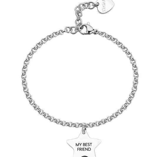 Bracciale donna S'agapõ Be My Family in acciaio con stella e frase "My best friend"