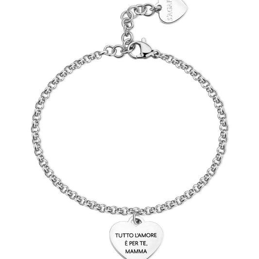 Bracciale donna S'agapõ Be My Family in acciaio con cuore e frase "Mom"