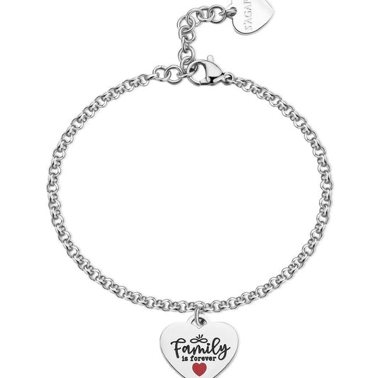 Bracciale donna S'agapõ Be My Family in acciaio con cuore e frase "Family is forever"