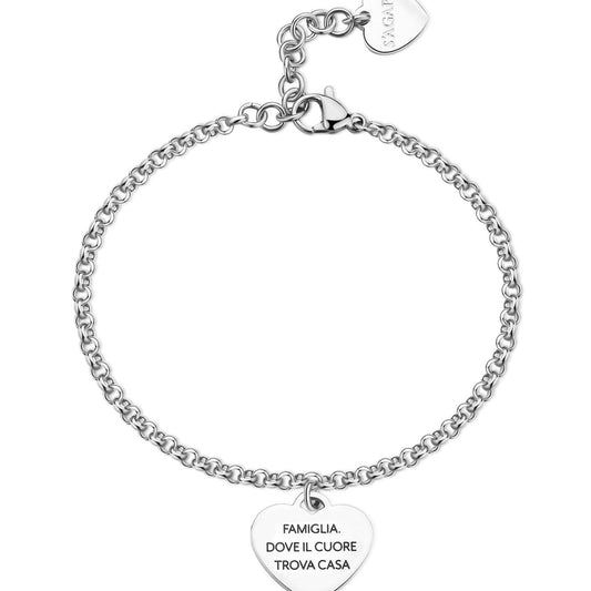 Bracciale donna S'agapõ Be My Family in acciaio con cuore e frase "Family is forever"