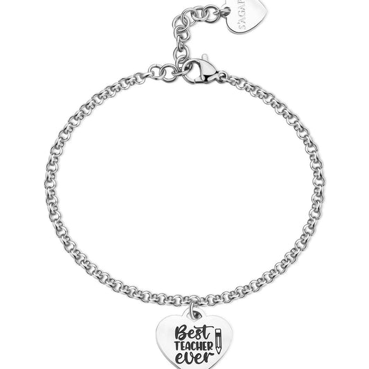 Bracciale donna S'agapõ Be My Family in acciaio con cuore e frase "Best teacher ever"