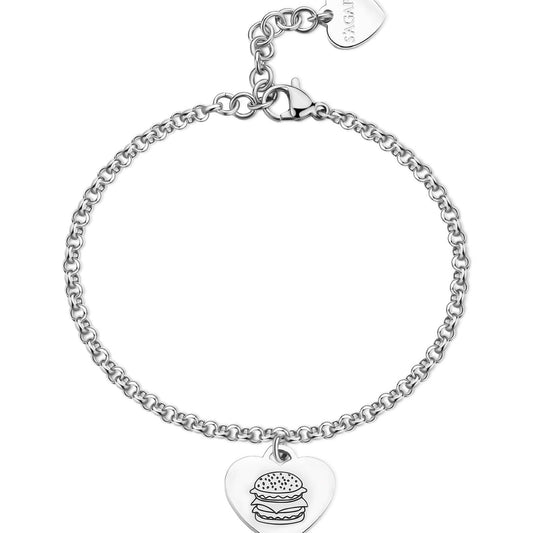 Bracciale donna S'agapõ Be My Family in acciaio con cuore e hamburger