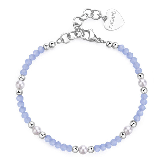 Bracciale con pietre donna S'agapõ Glint in acciaio con sfere azzurre e perle bianche