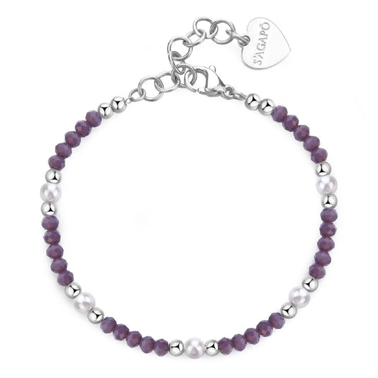 Bracciale con pietre donna S'agapõ Glint in acciaio con sfere viola e perle bianche