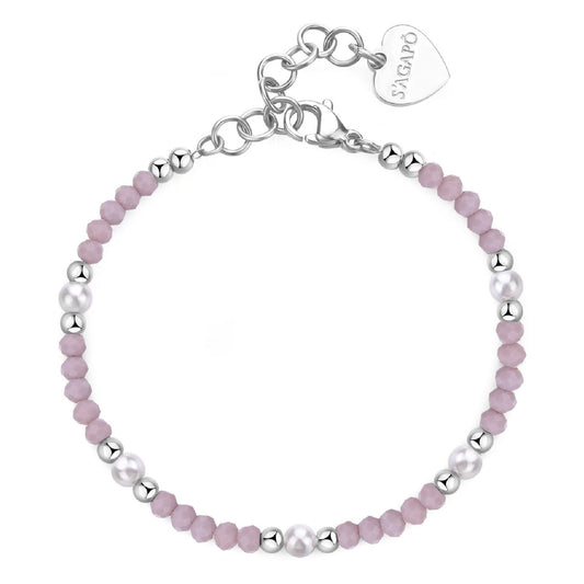 Bracciale con pietre donna S'agapõ Glint in acciaio con sfere rosa e perle bianche