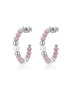 Orecchini semicerchio da donna S'agapõ Glint realizzati in acciaio con sfere di vetro rosa e perla bianca centrale SGI24