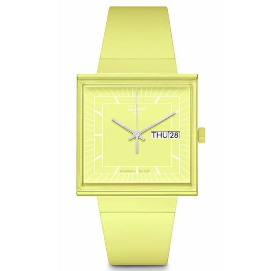 Orologio unisex Swatch What if? cassa quadrata in bioceramic giallo 41,8mm