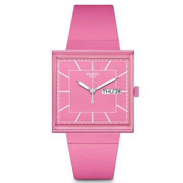 Orologio donna Swatch What if? cassa quadrata in bioceramic rosa 41,8mm