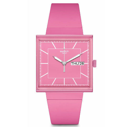 Orologio donna Swatch What if? cassa quadrata in bioceramic rosa 41,8mm